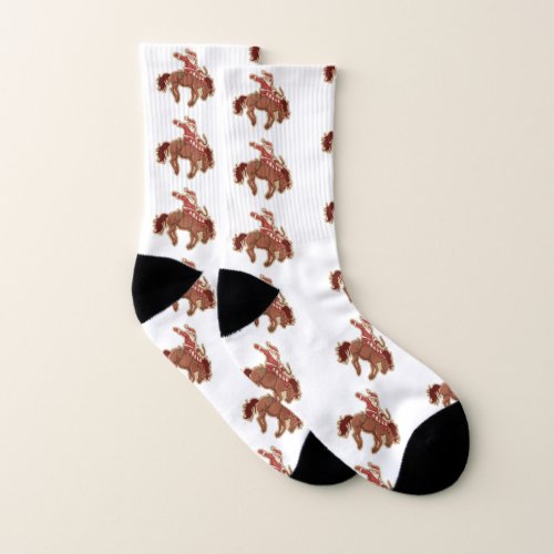 Cartoon red santa claus ryding on horse socks