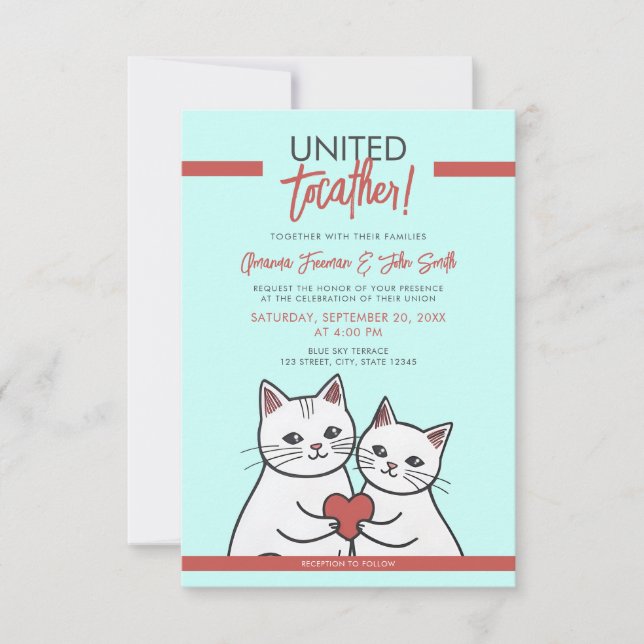 Cartoon Red & White Whimsical Cats Wedding Invitation (Front)