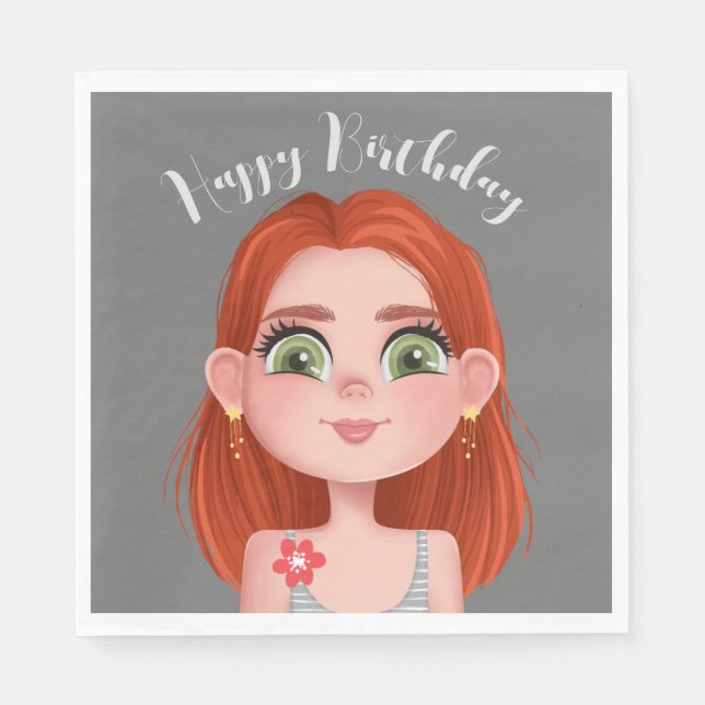 Cartoon Redhead Girl For Birthday Napkins (Front)