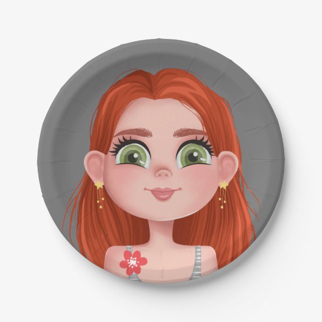 Cartoon Redhead Girl For Birthday Paper Plates (Front)