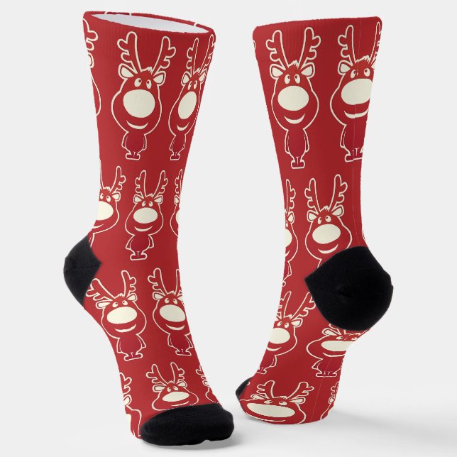 Cartoon Reindeer Red Pattern Socks (Angled)