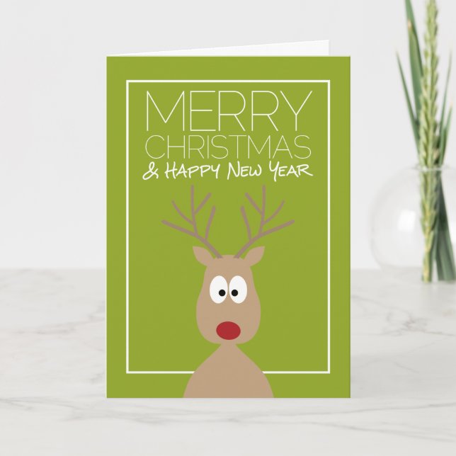 Cartoon Reindeer with Merry Christmas and New Year Holiday Card (Front)