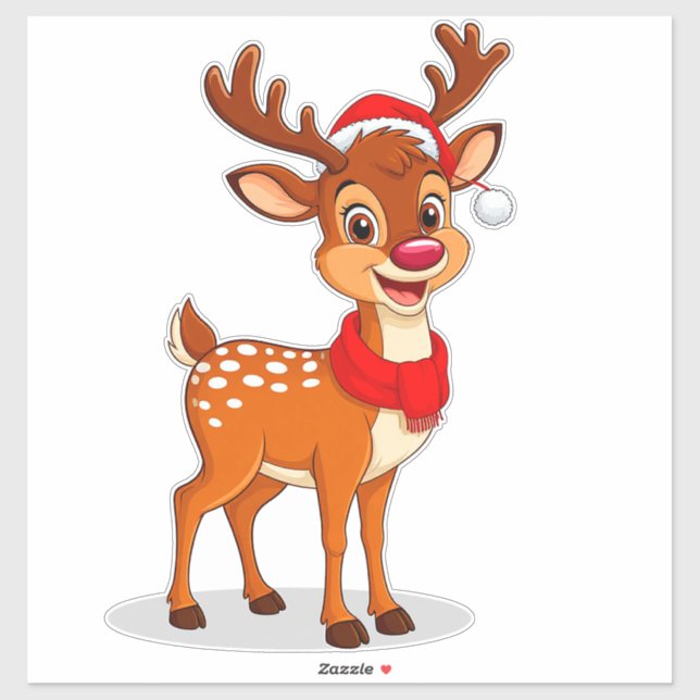 Cartoon Reindeer With Santa Hat and Scarf Sticker (Sheet)