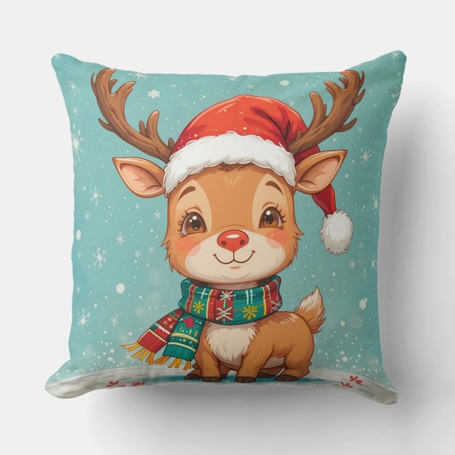Cartoon Reindeer With Santa Hat Throw Pillow (Front)