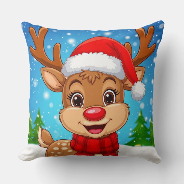 Cartoon Reindeer With Santa Hat Throw Pillow (Front)