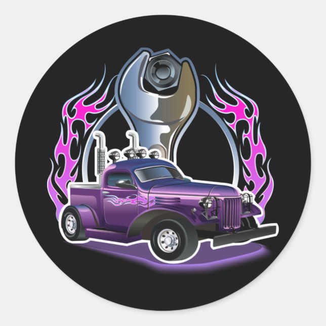 Cartoon retro hot rod classic round sticker (Front)