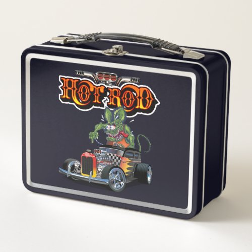 Cartoon retro hot rod metal lunch box