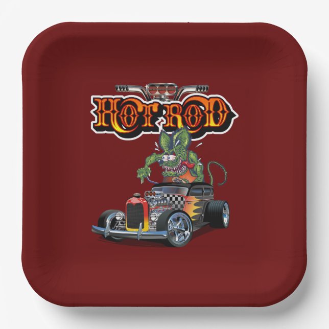 Cartoon retro hot rod paper plates (Front)