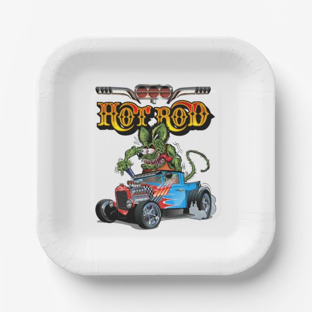 Cartoon retro hot rod paper plates (Front)