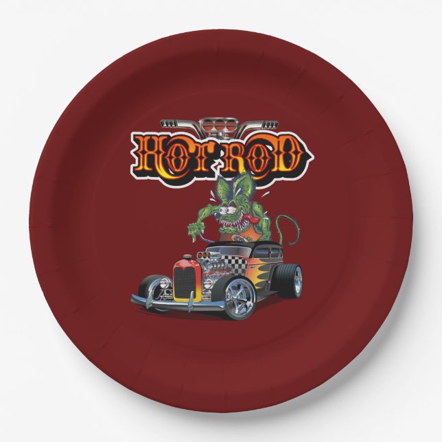 Cartoon retro hot rod paper plates (Front)