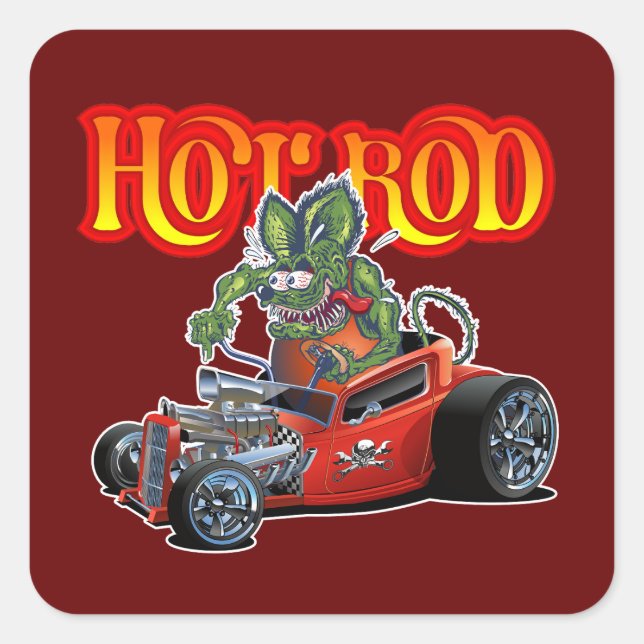 Cartoon retro hot rod square sticker (Front)