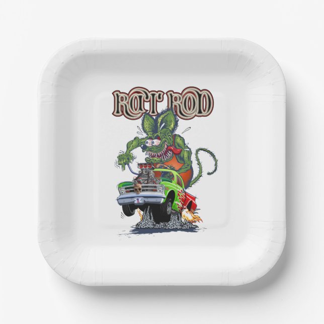 Cartoon retro rat rod paper plates (Front)