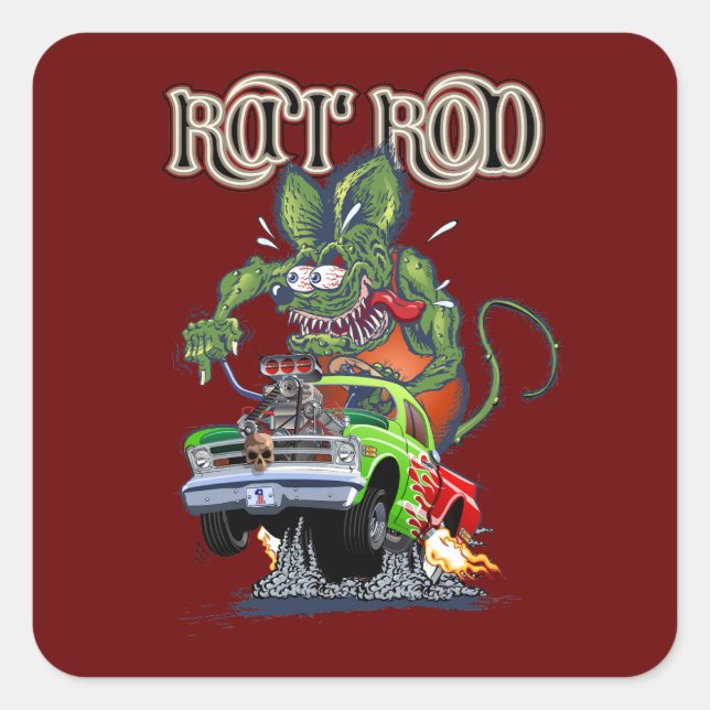 Cartoon retro rat rod square sticker (Front)