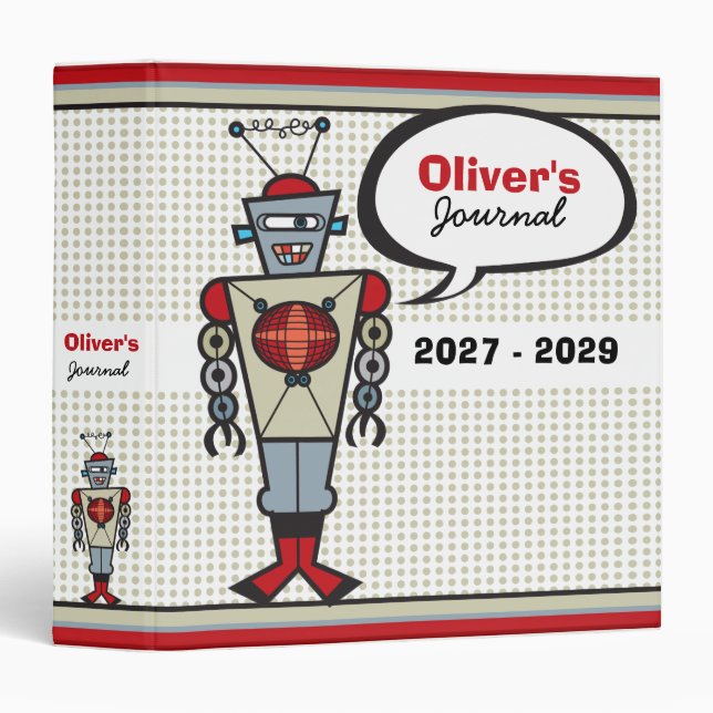 Cartoon Retro Robot Cute Kids Boy Birthday Party Binder (Front/Spine)