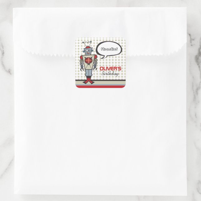 Cartoon Retro Robot Cute Kids Boy Birthday Party Square Sticker (Bag)