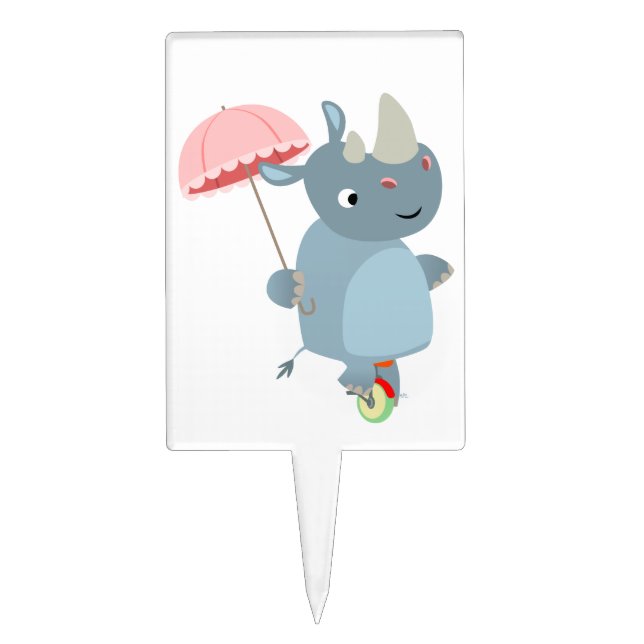 Cartoon Rhino with Umbrella on Unicycle Cake Pick (Front)