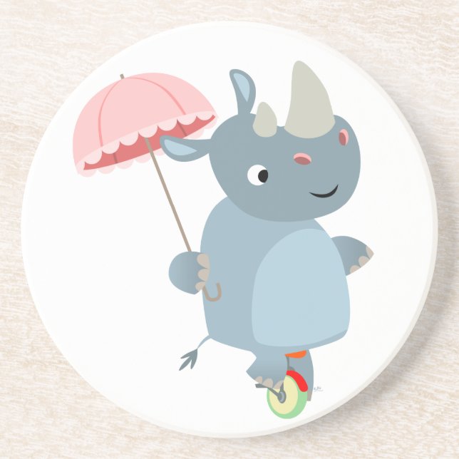 Cartoon Rhino with Umbrella on Unicycle Coaster (Front)