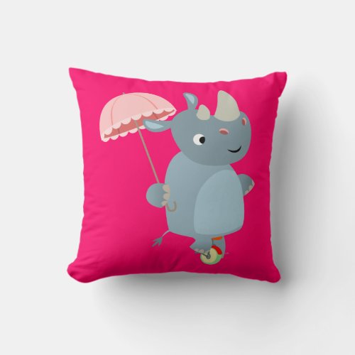 Cartoon Rhino With Umbrella on Unicycle Pillow