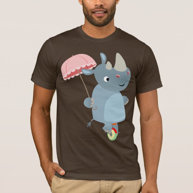 Cartoon Rhino with Umbrella on Unicycle T-Shirt (Front)