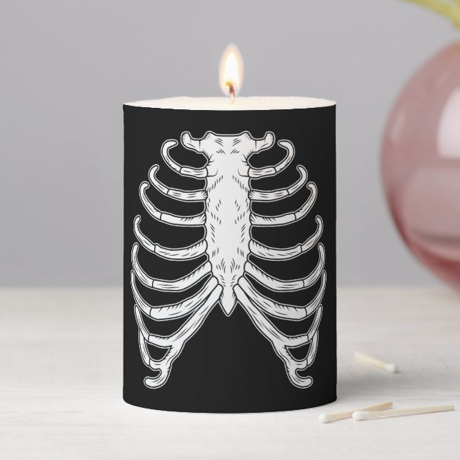 Cartoon Rib Cage Bones Halloween Black And White Pillar Candle (In Situ)