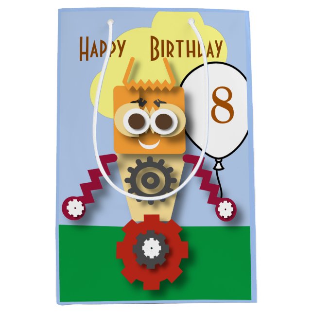 Cartoon Robot Editable Children’s Birthday   Medium Gift Bag (Front)