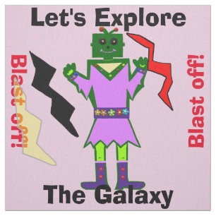 Cartoon Robot Girl Alien Blast Off Pink Fabric