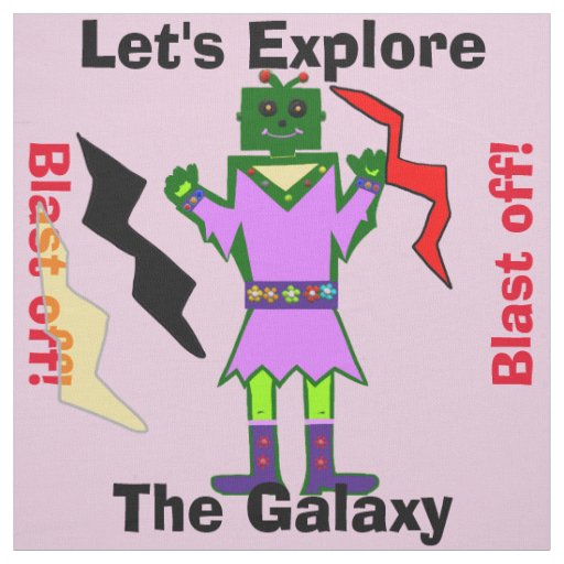 Cartoon Robot Girl Alien Blast Off Pink Fabric