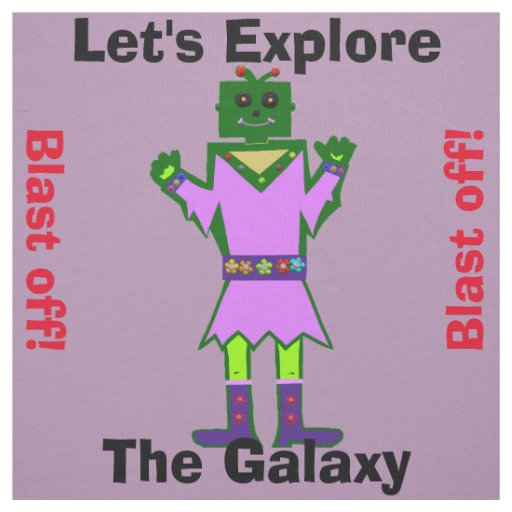 Cartoon Robot Girl Alien Blast Off Purple Fabric