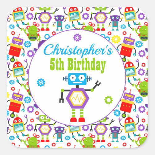 Cartoon Robot Theme Birthday Party Square Sticker