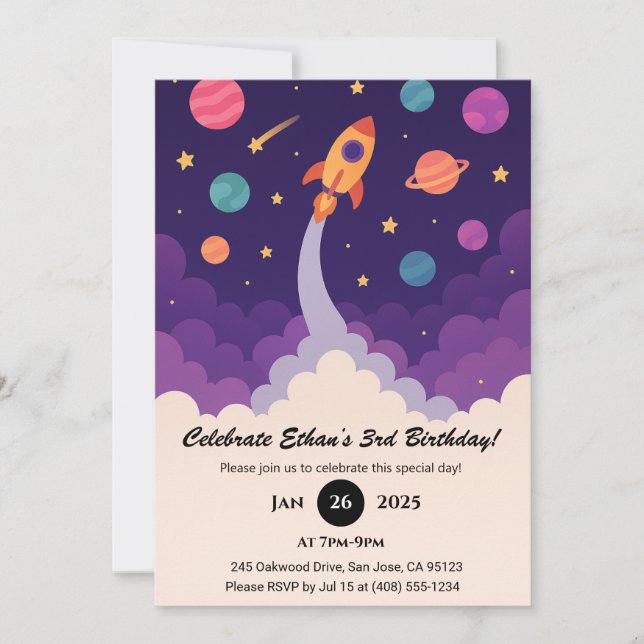 Cartoon Rocket & Colorful Galaxy Birthday  Invitation (Front)