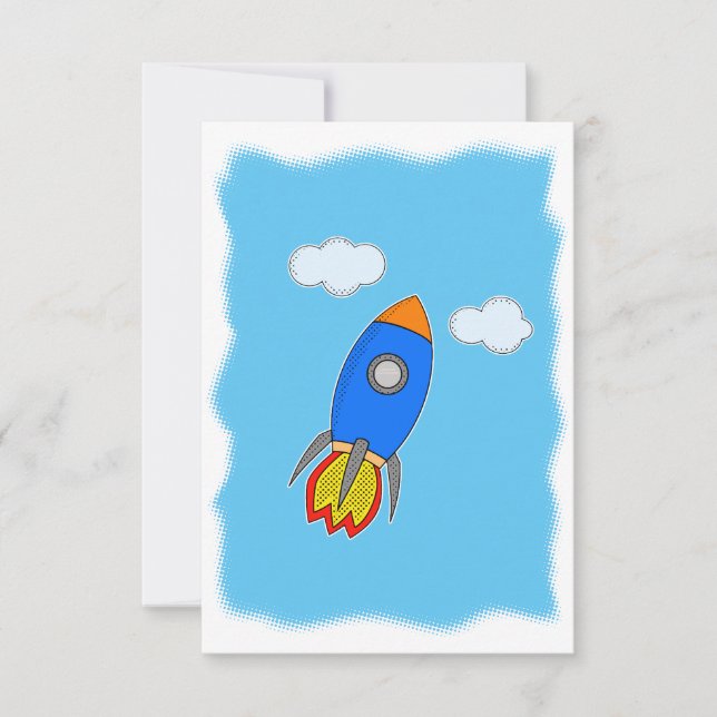 Cartoon Rocket In Blue Sky Card (Front)