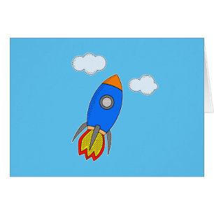 Cartoon Rocket In Blue Sky Cards