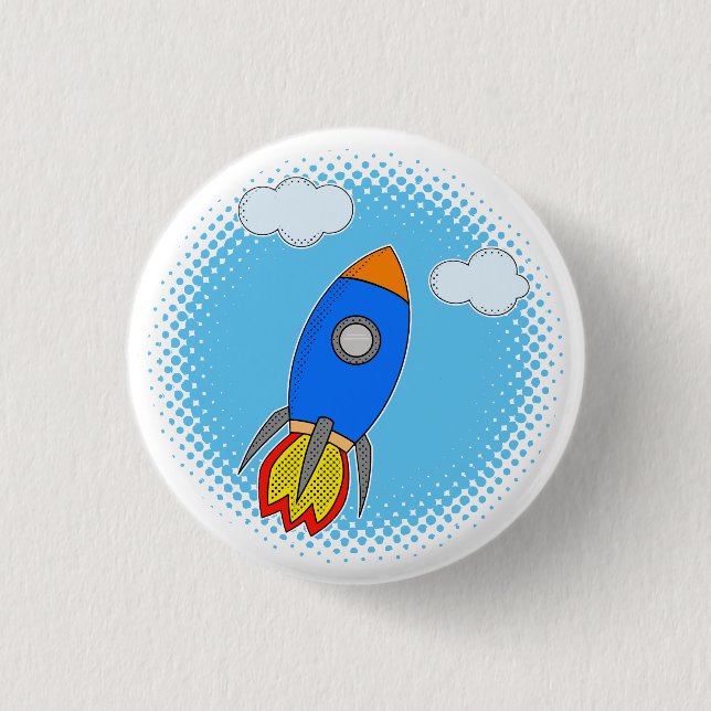 Cartoon Rocket In Blue Sky Halftones Button (Front)