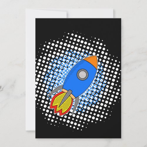 Cartoon Rocket In Blue Sky Halftones Galaxy Invitation