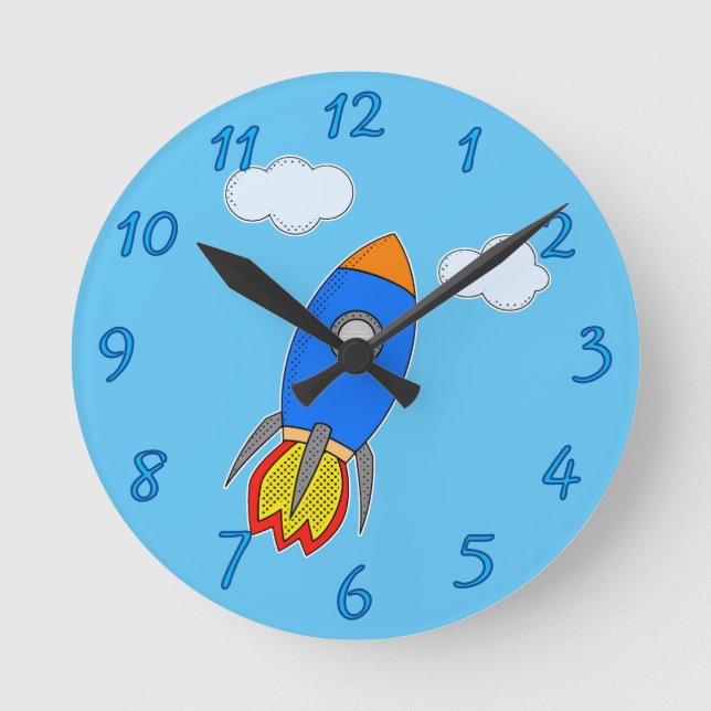 Cartoon Rocket In Blue Sky Round Clock (Front)
