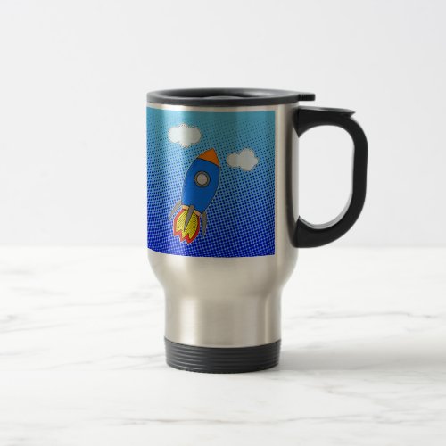 Cartoon Rocket In Blue Sky Travel Mug