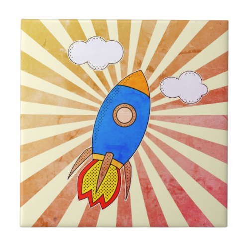 Cartoon Rocket Retro Sunset Decorative Ceramic Tile