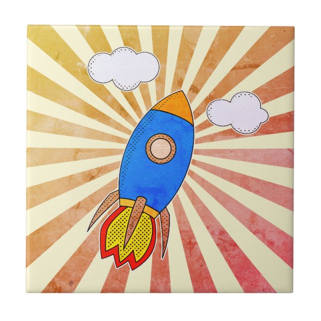 Cartoon Rocket Retro Sunset Decorative Ceramic Tile (Front)