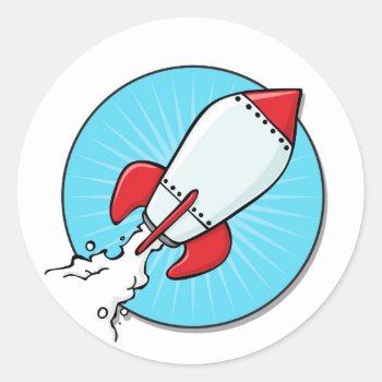 Cartoon Rocket Ship Design Classic Round Sticker by GroovyFinds at Zazzle