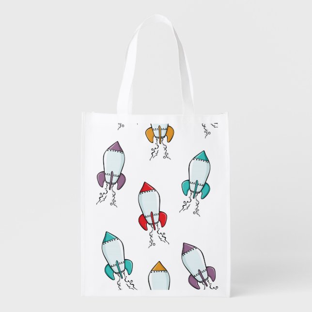 Cartoon Rocket Ship Pattern Reusable Grocery Bag (Front)