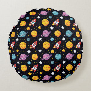 Cartoon Rockets And Planets For Kids Rooms Round Pillow