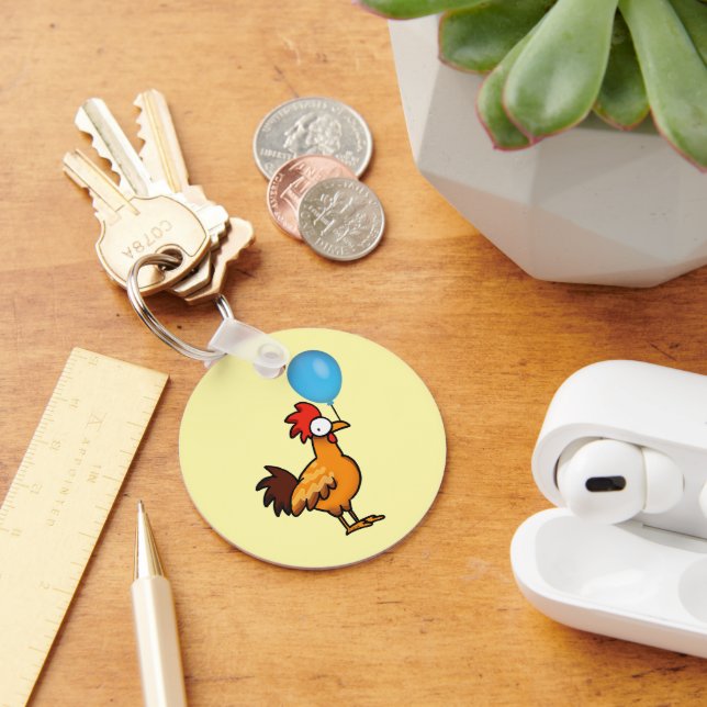 Cartoon Rooster Holding Blue Balloon Keychain (Desk)