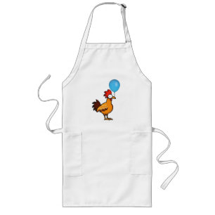 Cartoon Rooster Holding Blue Balloon Long Apron