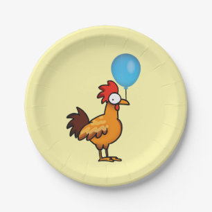 Cartoon Rooster Holding Blue Balloon Paper Plates