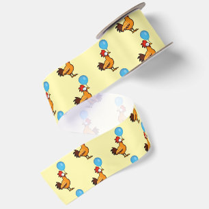Cartoon Rooster Holding Blue Balloon Satin Ribbon