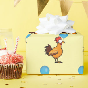 Cartoon Rooster Holding Blue Balloon Wrapping Paper