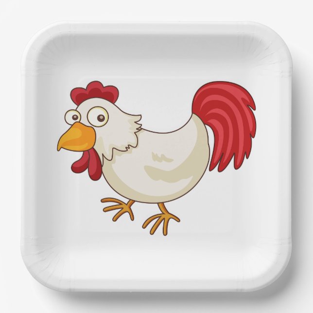 Cartoon Rooster White Chicken Paper Plates (Front)