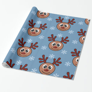Cartoon Rudolph Red Nosed Reindeer and Snowflakes Wrapping Paper