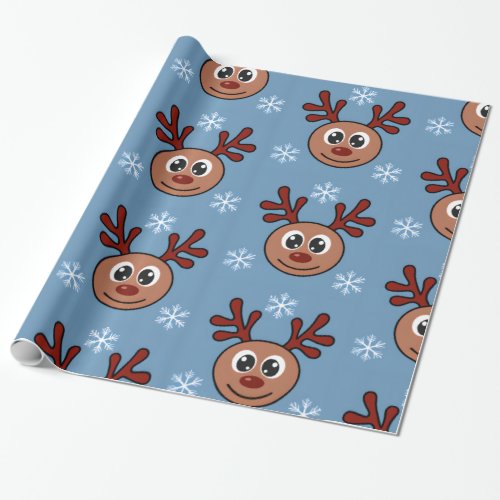 Cartoon Rudolph Red Nosed Reindeer and Snowflakes  Wrapping Paper