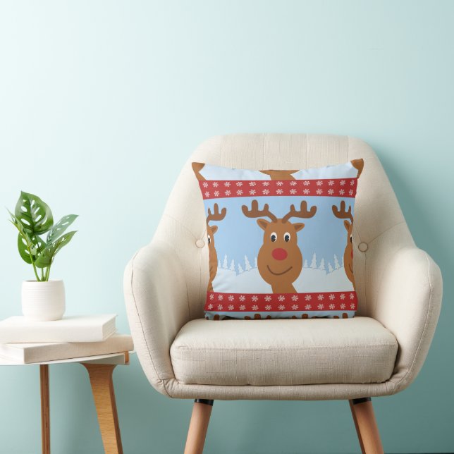 Cartoon Rudolph the Reindeer Reversible Red Throw Pillow (Chair)